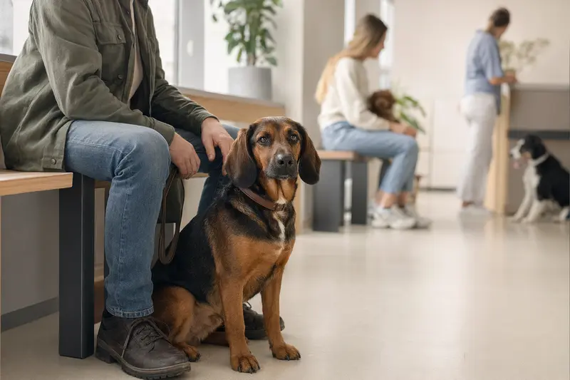 Ein Alpenländische Dachsbracke sitzt entspannt neben seinem Besitzer in einem modernen Tierarztwartezimmer.